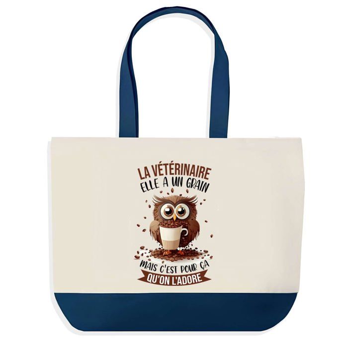 Tote bag - PLANETEE - Sac shopping fond bleu Vétérinaire Chouette - Coton 40x45 cm - Grand format - Fabriqué en France