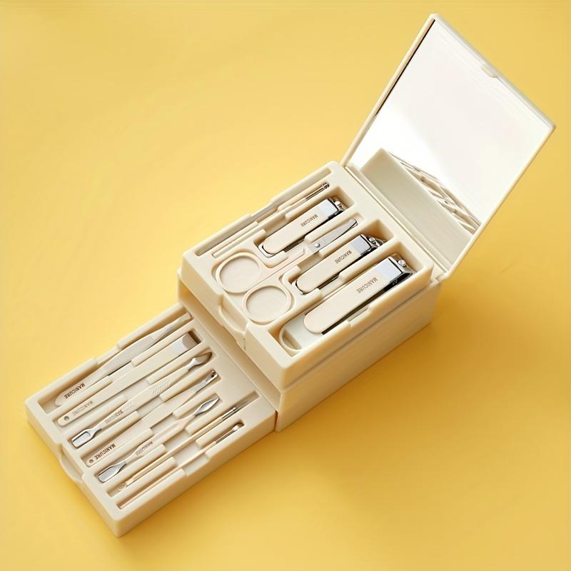 New Multifunctional Makeup Drawer Mirror Design 13pcs Classic Stainless Steel Nail Care Set with Concave Blade, Unscented Fingernail Clippers and File