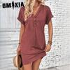 Summer Women's Fashion Hundred With Buckle V Neck Shoulder Rolled Sleeve Solid Colour Dresses