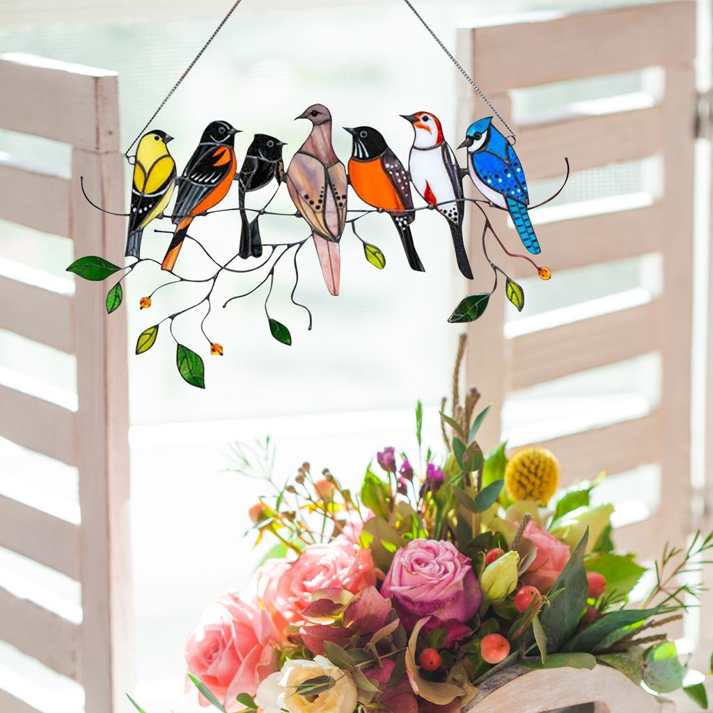 Multicolor Birds On A Wire High Stained Suncatcher Window Panel Bird Series