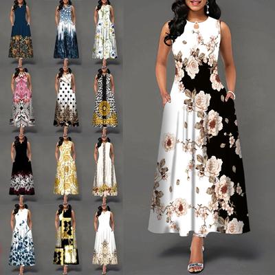 Новое женское летнее платье без рукавов с принтом, S-5XL, летнее винтажное свободное длинное платье с круглым вырезом и карманами в стиле бохо, большие размеры