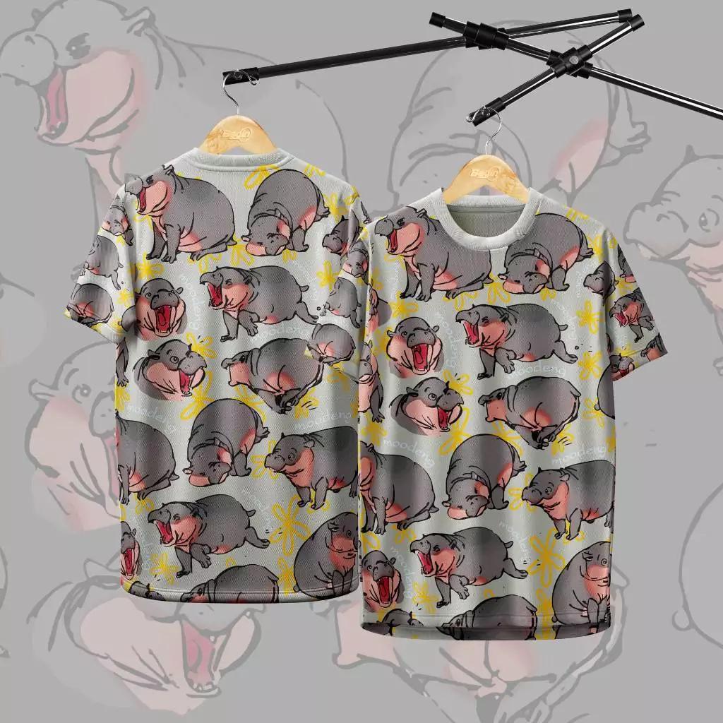 Moo Deng Tiny Baby Hippo Star Thailand Cute Pygmy Hippo Unisex Men Women Kid T-Shirt Sport Print Short Sleeve Round Neck