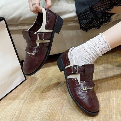 Пэчворк Коричневые Туфли-лодочки с кисточками Новейшие 2024 Круглый носок Массивный каблук Пряжка Бахрома Женские Лоферы Неглубокие Кожа Элегантные