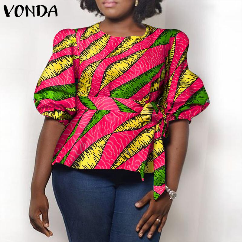 VONDA Женская летняя свободная блузка большого размера с круглым вырезом и девятиточечным пышным рукавом с геометрическим узором и принтом