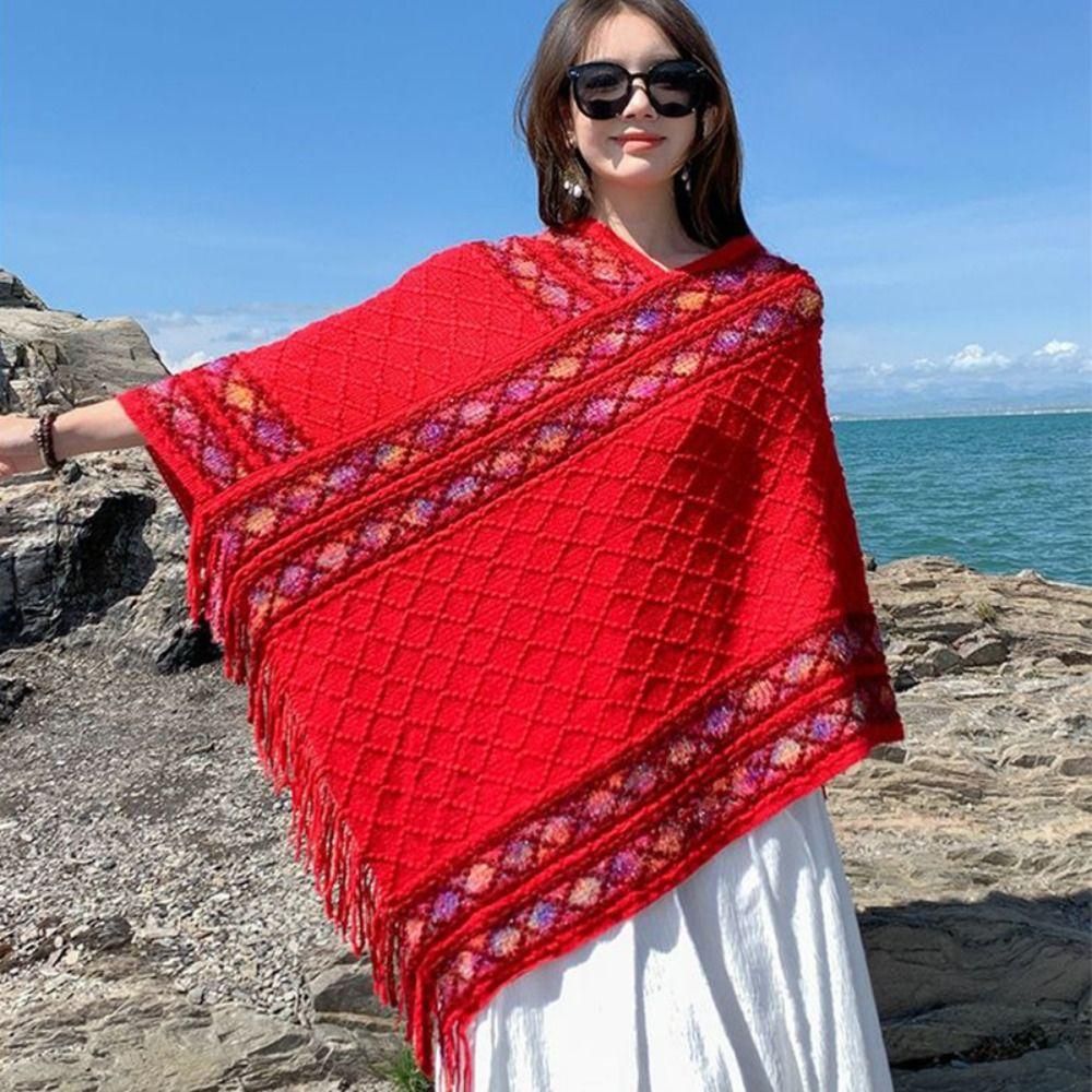 Rhombic Knitted Cape Printing Tassel Scarves Retro Imitation Cashmere Shawl Student