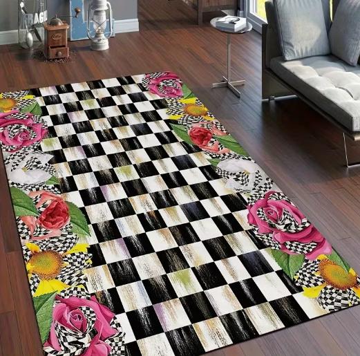Fashionable Black White Checkered Floral Floor Mat with Anti Slip Properties Suitable for Decorating Living Rooms and Kitchens