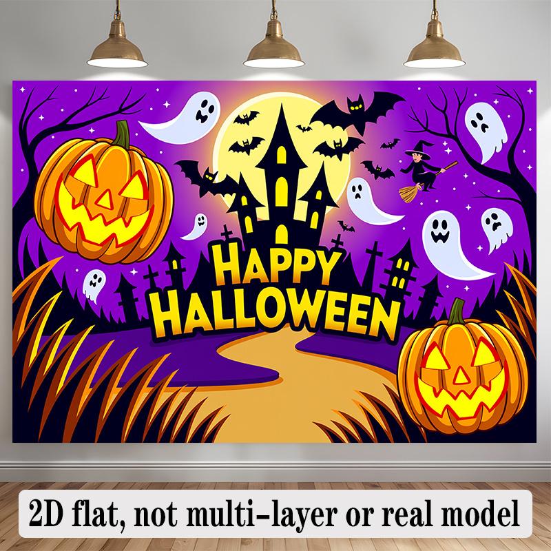 Party Backdrop Halloween Flat Banners Pumpkins Ghosts Bats Spooky Night Scene Photo Booth Background Front Door Decor