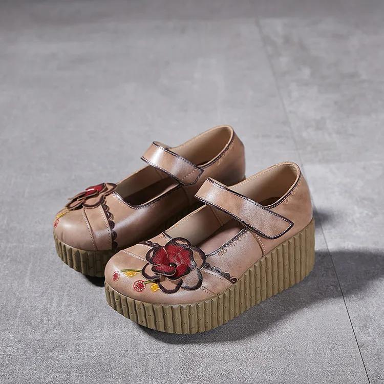 Модные туфли-лодочки GKTINOO в стиле ретро, женская обувь из натуральной кожи на липучке, новая весна 2025, круглый носок, цветочный принт, ручная работа, лаконичные туфли на платформе
