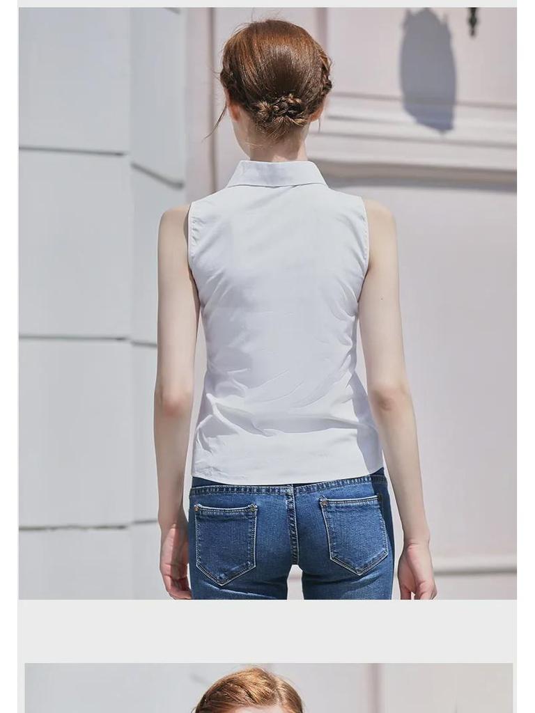 Women's White Sleeveless Slim Fit Korean-Style Blouse - Professional Summer Cotton Top