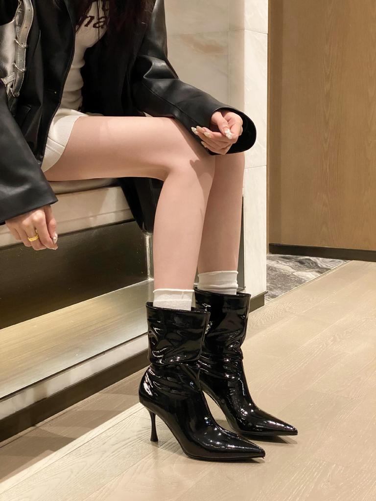 High-heeled Short Boots Women's 2025 Autumn and Winter New Thin-heeled Sleeve Short Tube Wrinkled Stacking Boots Elastic Thin Boots Martin Boots