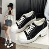 Canvas Shoes Women 2024 New Retro High Heels Thick Heels High Top Round Head Thin Belt Increase Thick Soled Woman Black Shoes