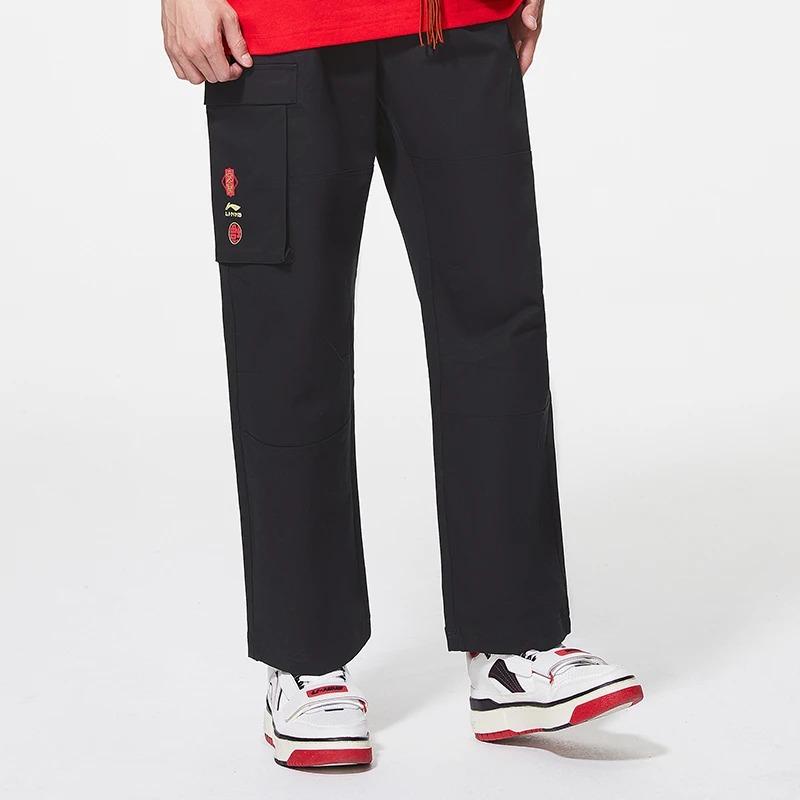 Li-Ning Solid Color Printed Logo Straight Casual Pants Men Bottoms Black AKXS385-1