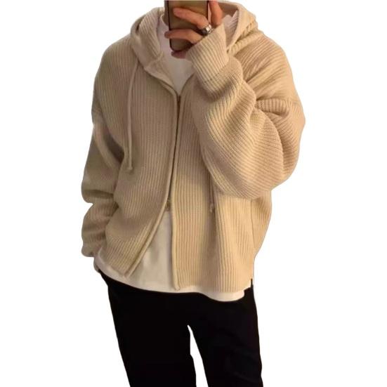 Мужской свитер осень-зима пальто с капюшоном застежка-молния свободная застежка длинные рукава шнурок средней длины однотонный цвет ретро вязаная куртка