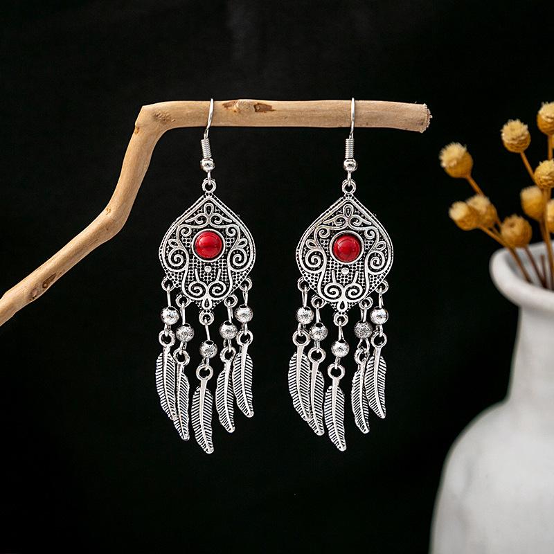 European and American Retro Hollow Turquoise Tassel Bohemian Earrings for Women