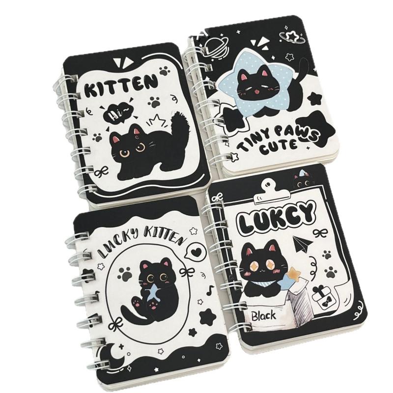 Kawai Black Kitten A7 Coil Notebook Student Portable Notepad Cartoon Cute Creative Simple Horizontal Line Office School Supplies