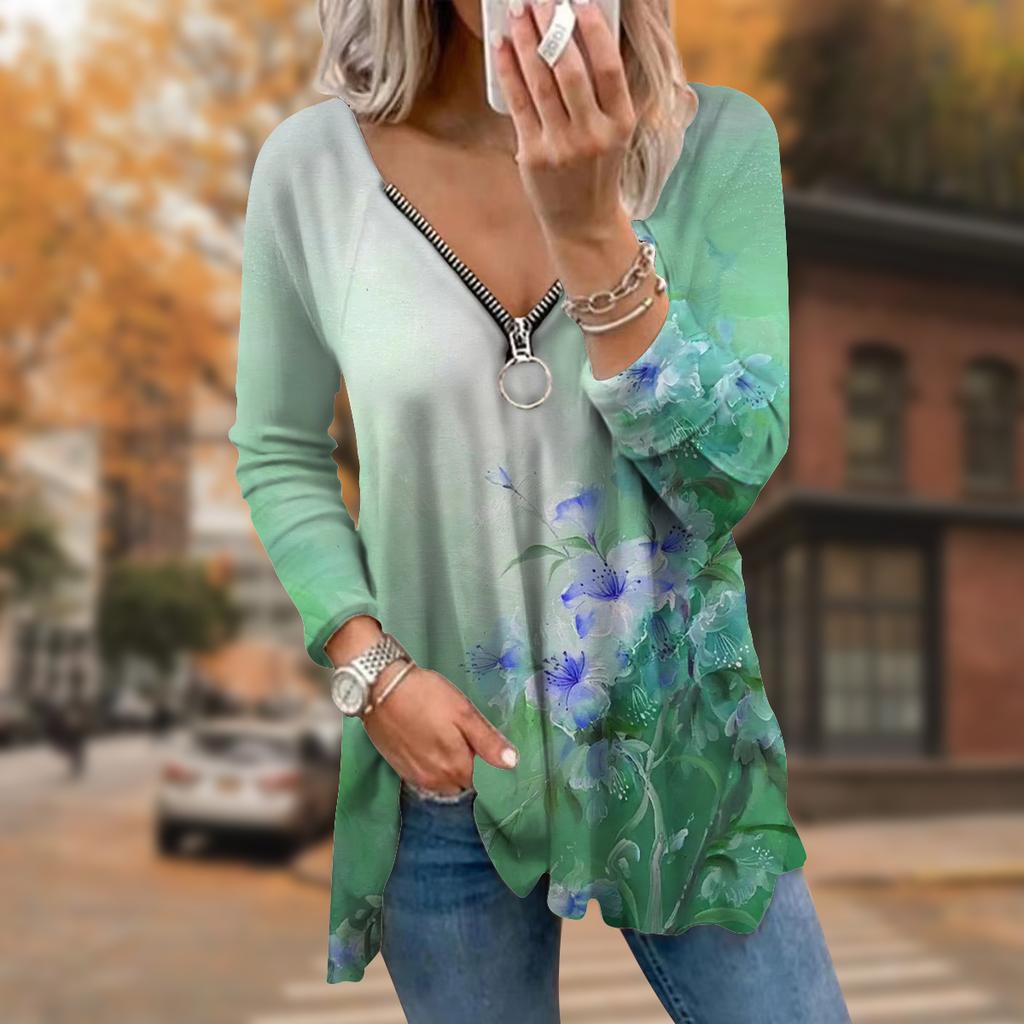 Женские футболки с длинным рукавом и принтом зеленых цветов, свободные футболки с V-образным вырезом больших размеров, удобные блузки