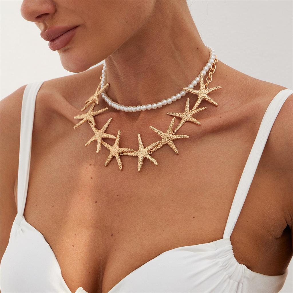 Large Starfish Imitation Pearl Choker Necklace for Women Boho Ocean Series Metal Chain Necklace Summer Beach Party Jewelry Gift