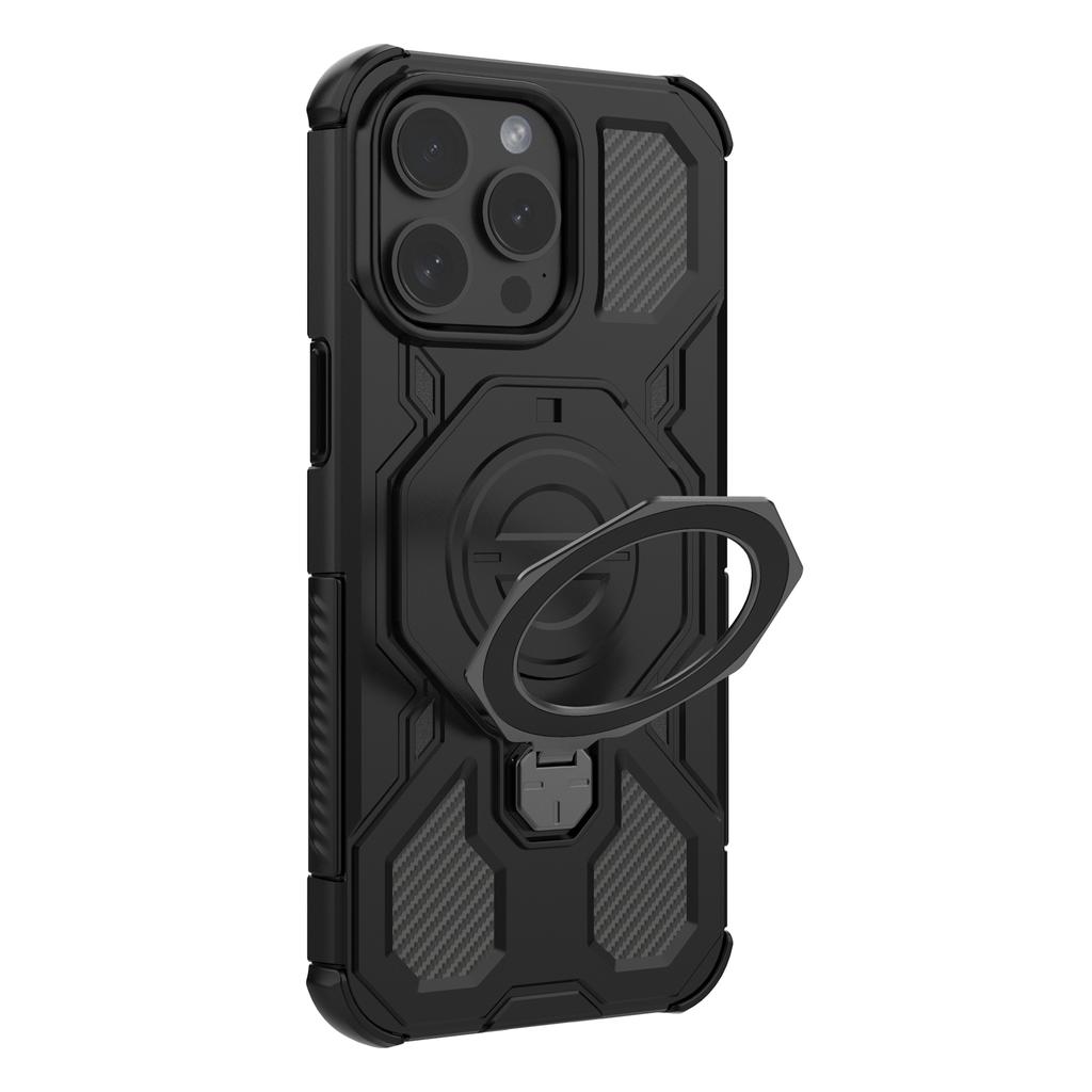 Магнитный чехол для iPhone 15 Pro с вращающейся металлической подставкой, противоударная задняя крышка для телефона из ПК+ТПУ