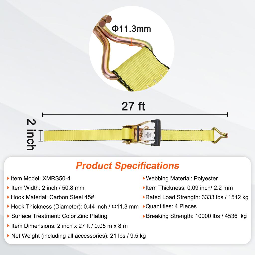 Ремни-трещотки SucceBuy (4 шт.) Двойной J-крюк с прочностью на разрыв 10000 фунтов для перемещения, крепления груза, бытовой техники, садовой техники