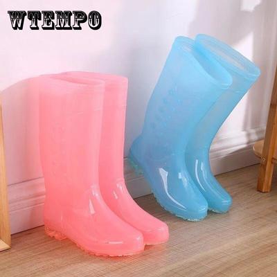 Высокие непромокаемые сапоги, женские водонепроницаемые рабочие туфли из ПВХ для девочек, модные прозрачные сапоги ярких цветов без шнуровки