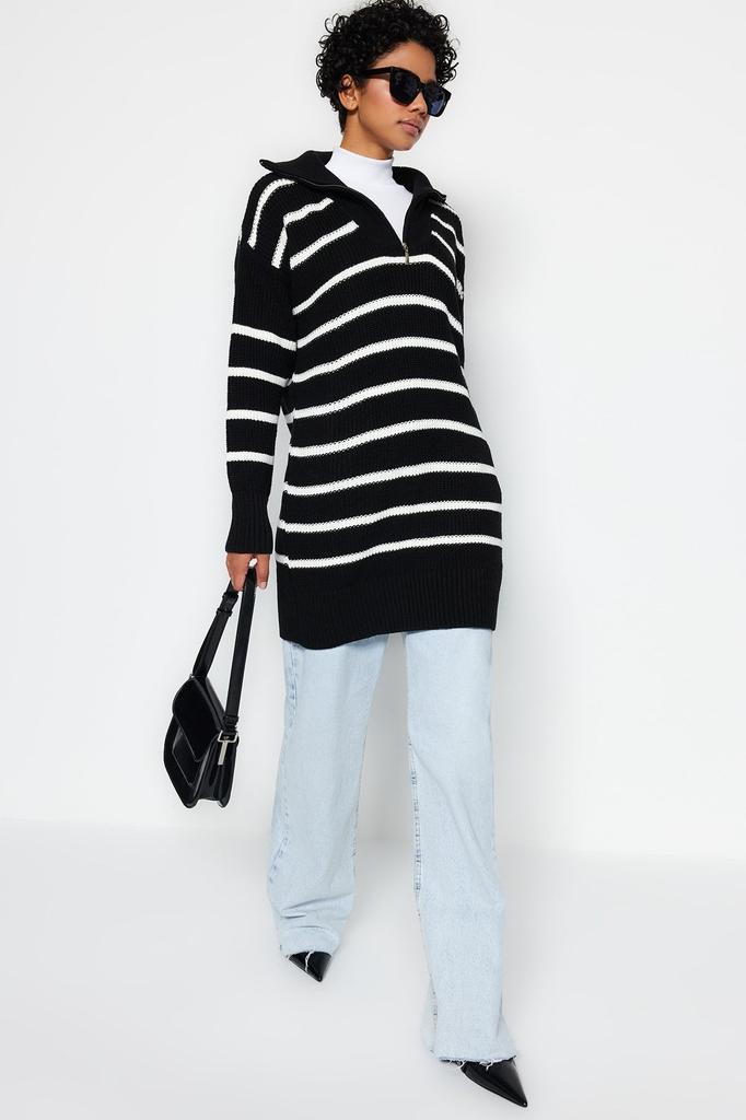 Женский модный стильный хиджаб-свитер, черный, в полоску, с воротником, на молнии, вязаный свитер