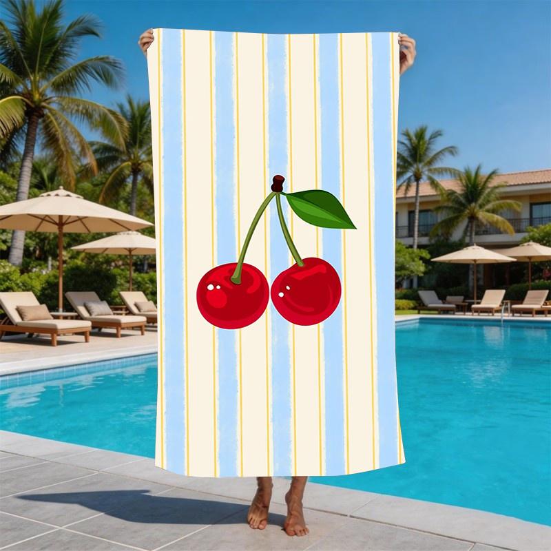 Aesthetic Pastel Striped Cherry Microfiber Beach Towel Large Sandproof Bath Towels Light Weight Quick Drying Swim Blanket Pool