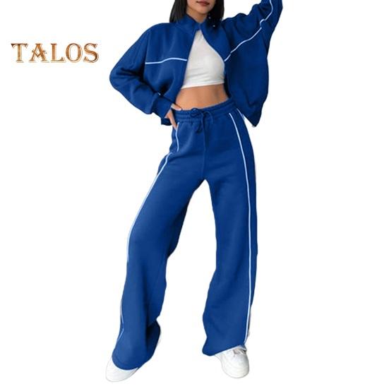 Женский комплект из 2 предметов: пальто и брюки, полувысокий воротник, застежка-молния, длинный рукав, эластичный пояс, широкие брюки, карманы, зимний повседневный спортивный костюм