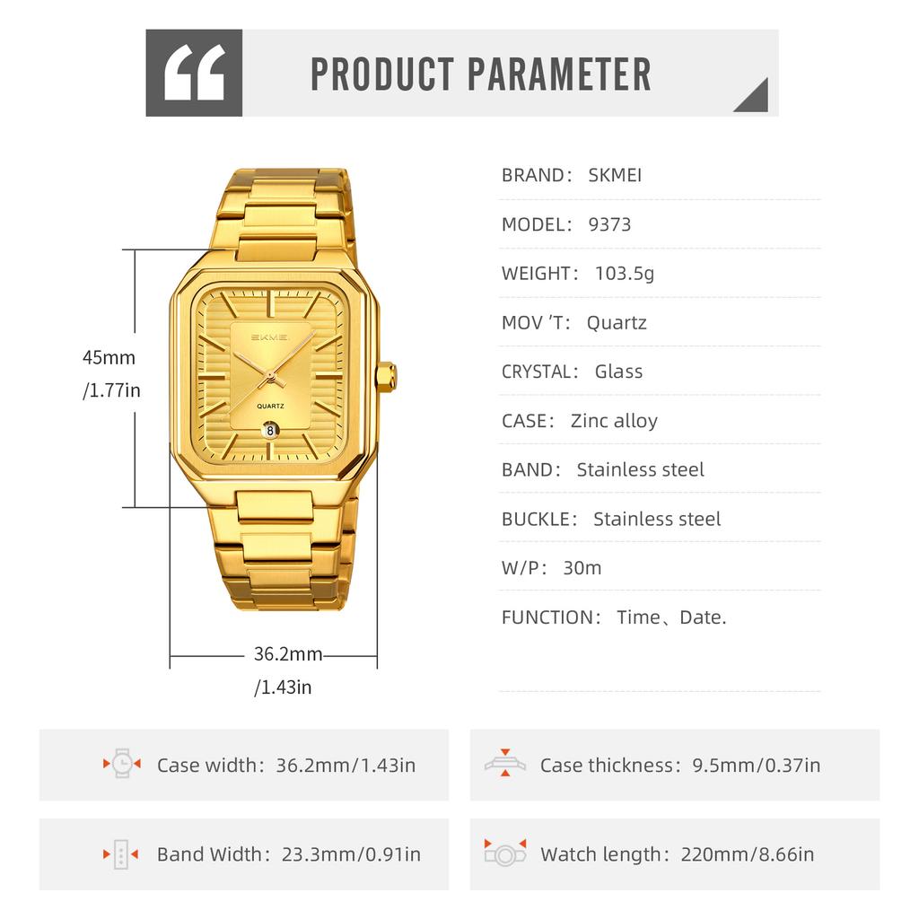 Skmei Роскошные Квадратные Кварцевые Часы для Бизнеса Классический Циферблат с Полосатым Дизайном с Браслетом из Нержавеющей Стали Наручные Часы для Мужчин