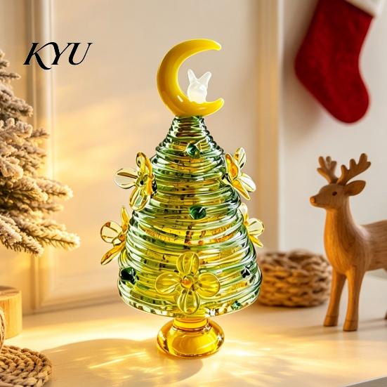Colorful Glass Tree for Home Glazed Christmas Figurine with Star Moon Decor, Rotating Handmade Ornament Wire Wrapped Desk Mini Holiday Tabletop
