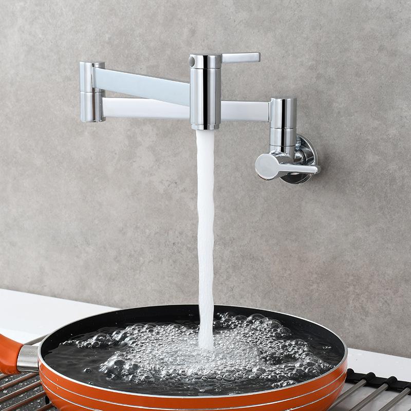 Brass Square Double-Switch Kitchen Faucets for Vegetable Sink Wall-Mounted Foldable Single Cold Extension Spout Faucets Tap