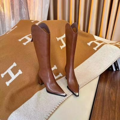 Новый стиль Популярные кожаные длинные сапоги Женские V-образный вырез Заостренный носок Сапоги до колена Женские Сексуальные Массивные Высокие каблуки Обувь Сапоги