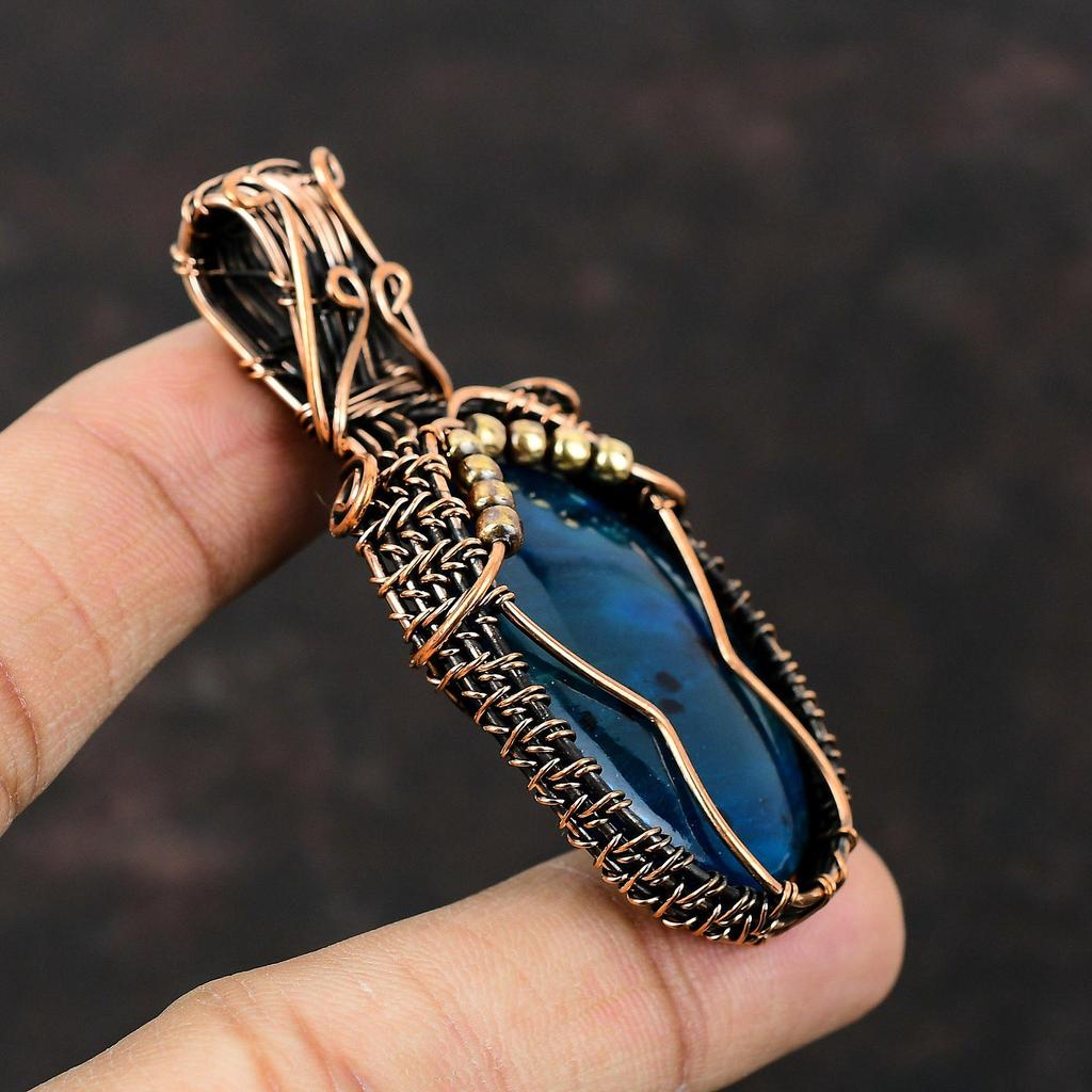 Кулон Неоновый Флэш Лабрадорит Кулон, обмотанный медной проволокой Ювелирные изделия ручной работы Обмотка проволокой Кулон из натурального драгоценного камня Медные украшения Свадебные подарки