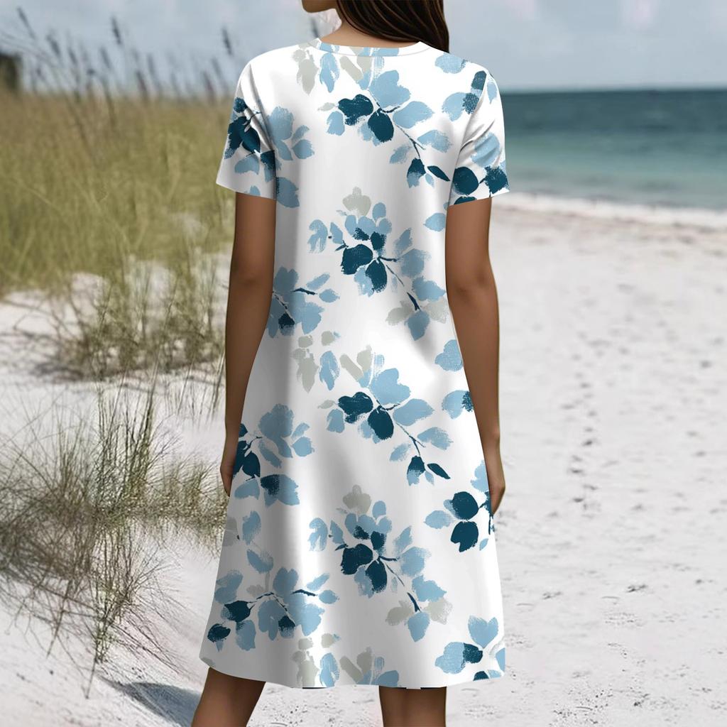 Short Sleeve Boho Dress For Women Casual Loose Fit Summer Sundress Floral Print Dress With Pockets