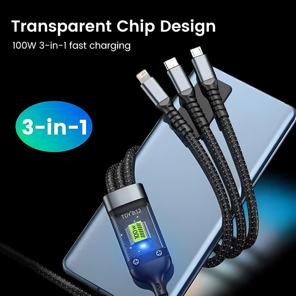 Зарядный кабель 3-в-1 (100W) - Совместимо с Lightning/Type-C/Micro USB, для iPhone, Samsung, Huawei, Xiaomi, Планшета