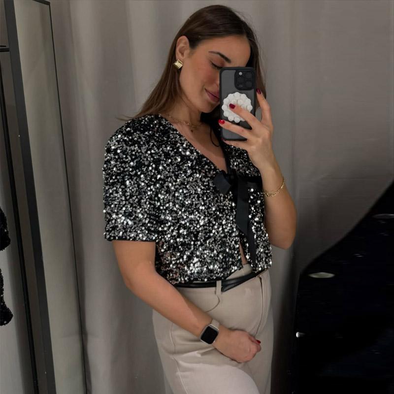 Женская рубашка с короткими рукавами и V-образным вырезом, бантом, шнуровкой, пайетками, милые однотонные блузки, весна-лето 2025 года
