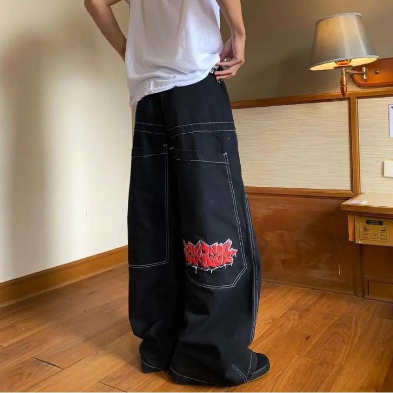 Unisex Streetwear Embroidered Loose Fit Denim Pants Hip Hop Wide Leg Jeans Men Women