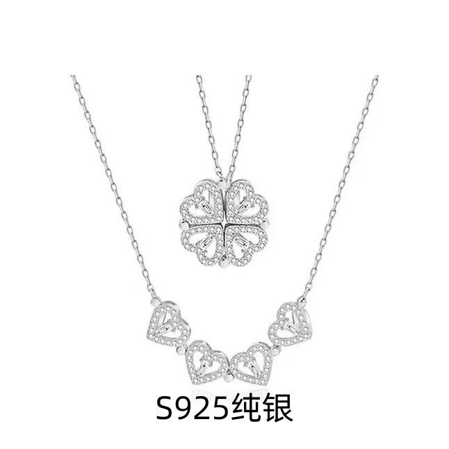 Серебряное ожерелье S925 с четырехлистником, кулон для ношения двумя способами, универсальное, с бриллиантами, цепочка с бриллиантами, от сердца к сердцу, украшение на ключицу