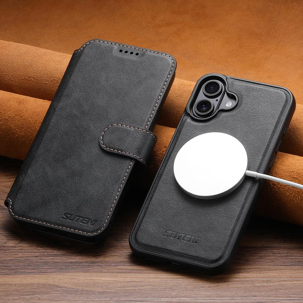 SUTENI Q-05 Чехол-кошелек для iPhone 16 2 в 1 Съемный кожаный откидной чехол для телефона с подставкой