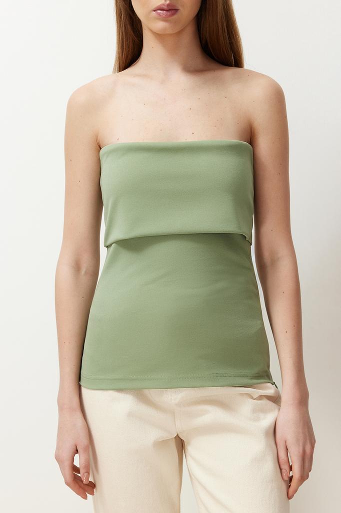 Women's Fashion New Blouse Green Strapless Collar Side Zipper Crepe Knitted Blouse