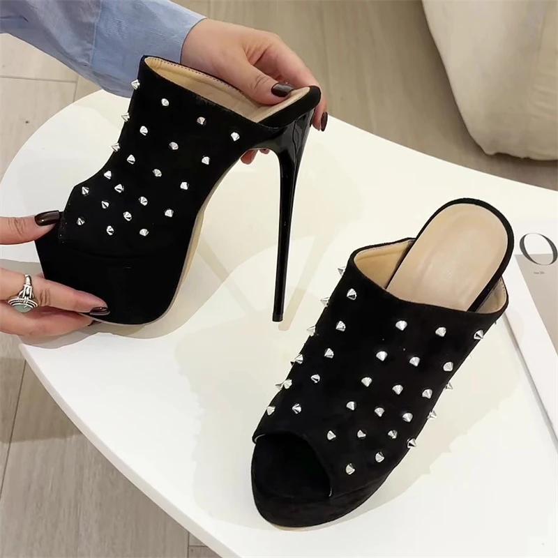 Eilyken Sexy Summer Extreme Stiletto High Heels Platform Woman Slippers Design Style Rivet Peep Toe Party Female Shoes