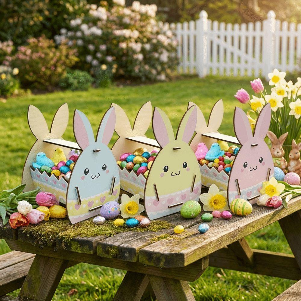 Wooden Easter Bunny Basket Semi-Open Frame DIY Paint Candy Storage Basket Handmade Crafts Happy Easter Bunny Decor Box