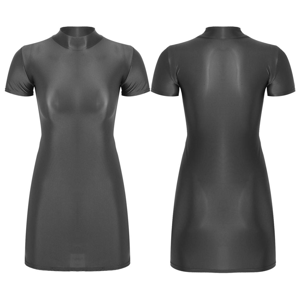 Glossy Bodycon Dress Clubwear Womens Sexy Short Sleeve Mock Neck Oil Shiny Mini Dresses Rave Pole Dancing Stage Clothes