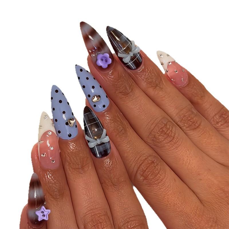 Long Wearable Press-On Nails With Blue Polka Dot Ballet Design Floral Women