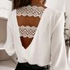 Fashion Sexy Spring and Autumn Long-sleeve Shirt V-neck Back Hollow Lace Stitching Shirt Korean Office White Blouse