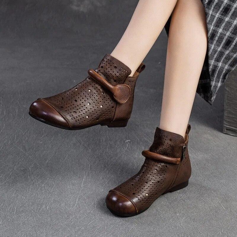Johnature Genuine Leather Hollow-out Boots Retro Round Toe Breathable Sandals Versatile Women Flat Shoes