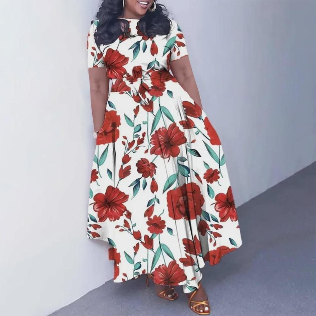 Новое женское платье из африканского кружева 2024 года: Короткие рукава, свободный крой, большие размеры, элегантная мода