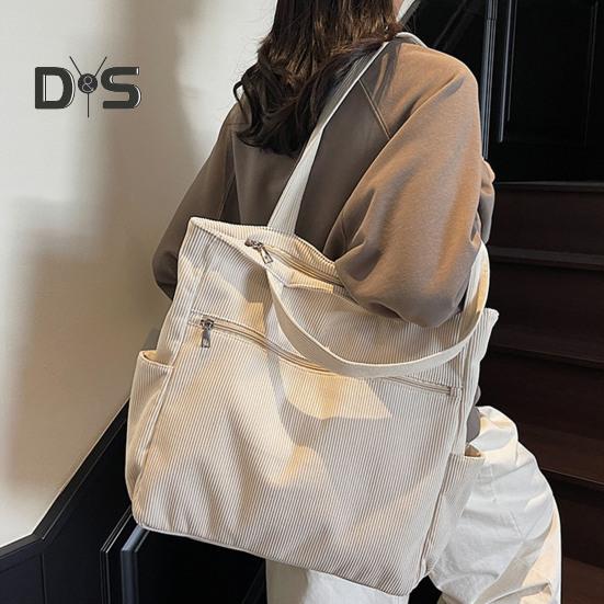 Женская вельветовая сумка-тоут, большая сумка на плечо, однотонная повседневная сумка-тоут с молнией и карманами для путешествий, занятий в спортзале, отпуска