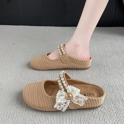 Модные женские мюли слипоны CRLAYDK, вязаные дышащие тапочки, женские лоферы без задника с ремешком из жемчуга, повседневная обувь для ходьбы и нарядная обувь