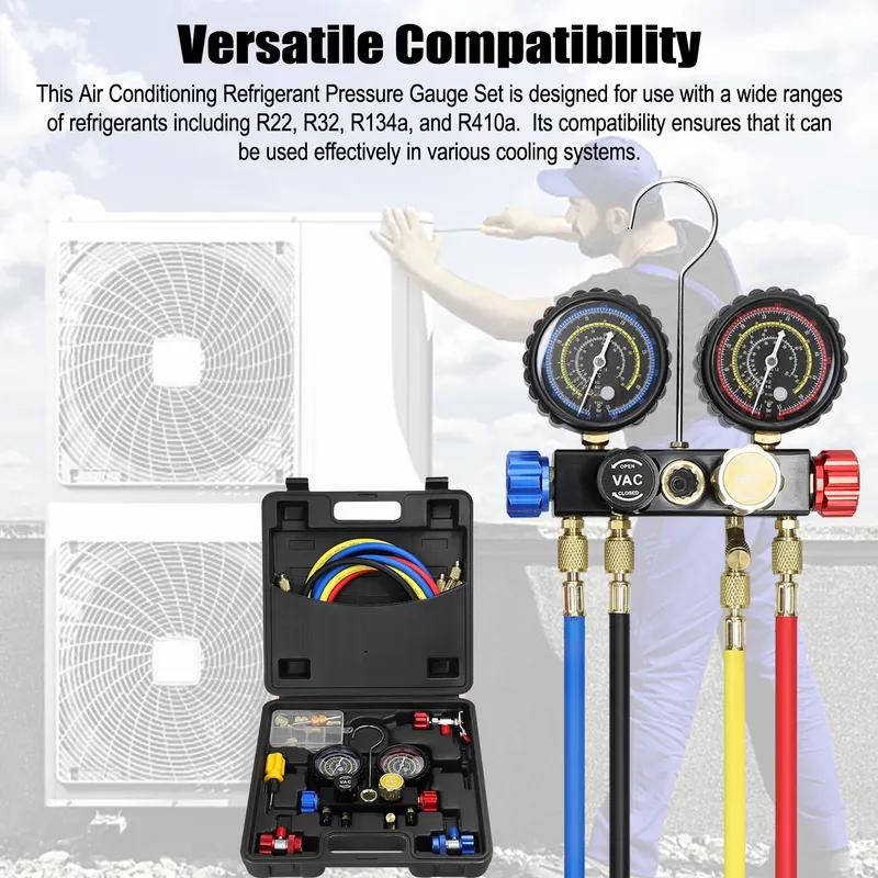 Manifold Gauge Set Car Air Conditioner Refrigerant Charging Tool 4-Way Dual-Value Pressure Gauge for R22/R134A/R410A Refrigerant
