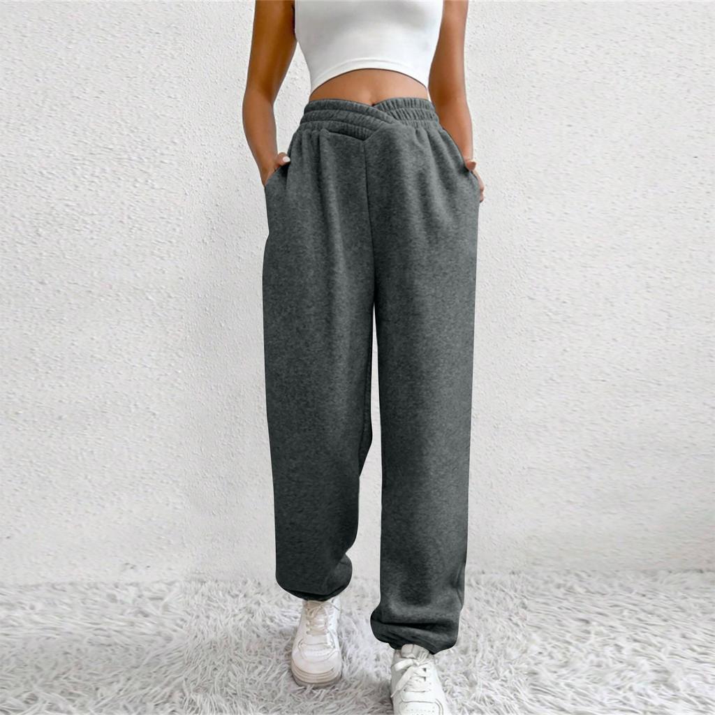 Women's High Waist Solid Color Casual Trousers Workout Sports Joggers Pants With Pockets